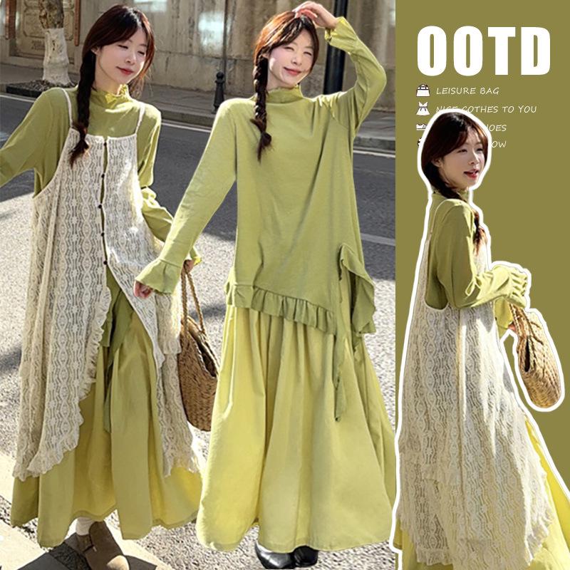 

2026 Spring Versatile Mori Ruffled Top, Skirt & Lace Vest Dress Large