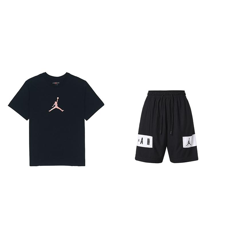 

Jordan Logo Letter Print Crew Neck Short Sleeve Top And Drawstring Mid Waist Shorts Casual Sports Set Unisex sets Black DO8899-010+-CZ4772-010 S