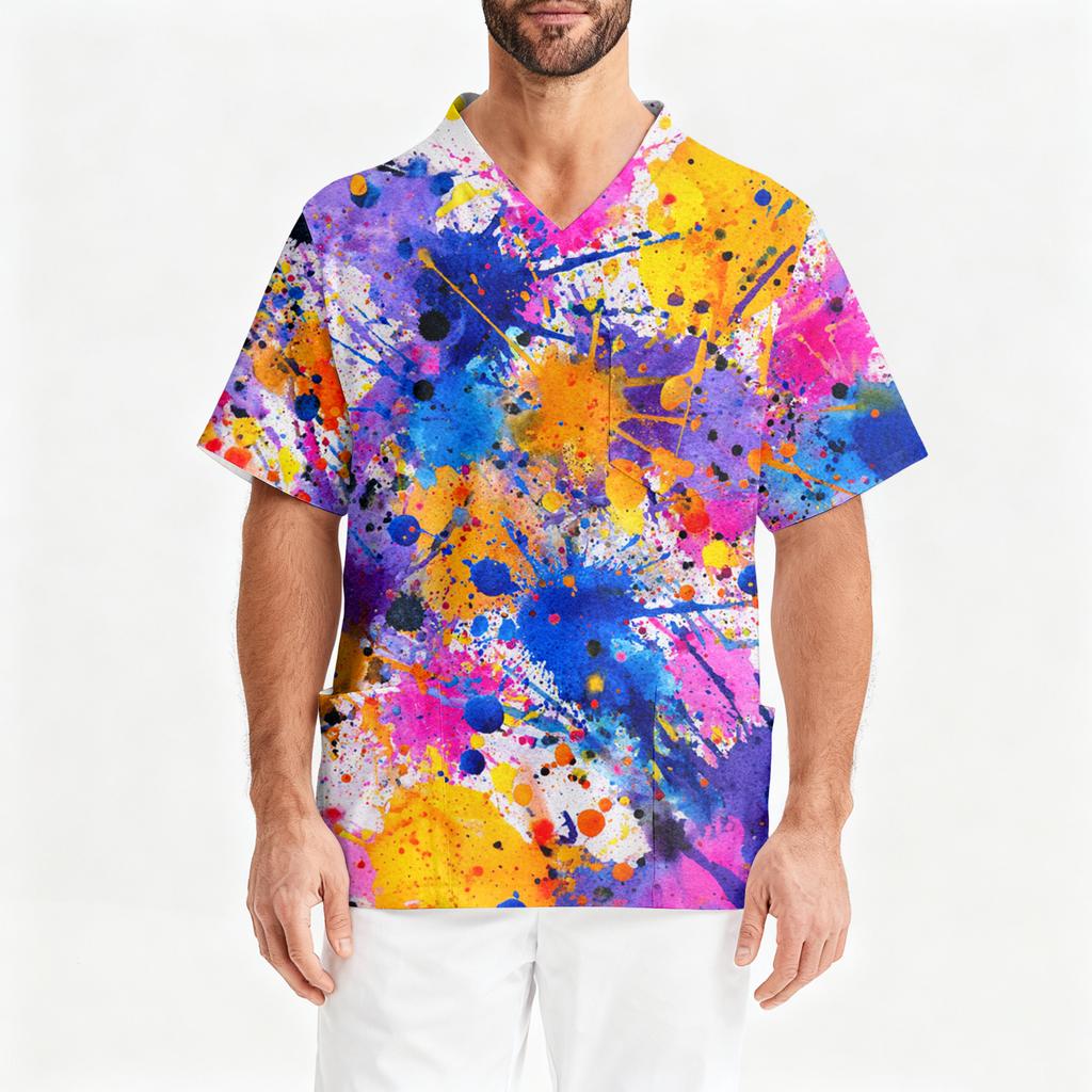Men's Printing Short Sleeve V-neck Working Blouse Chest Pocket Carer Top