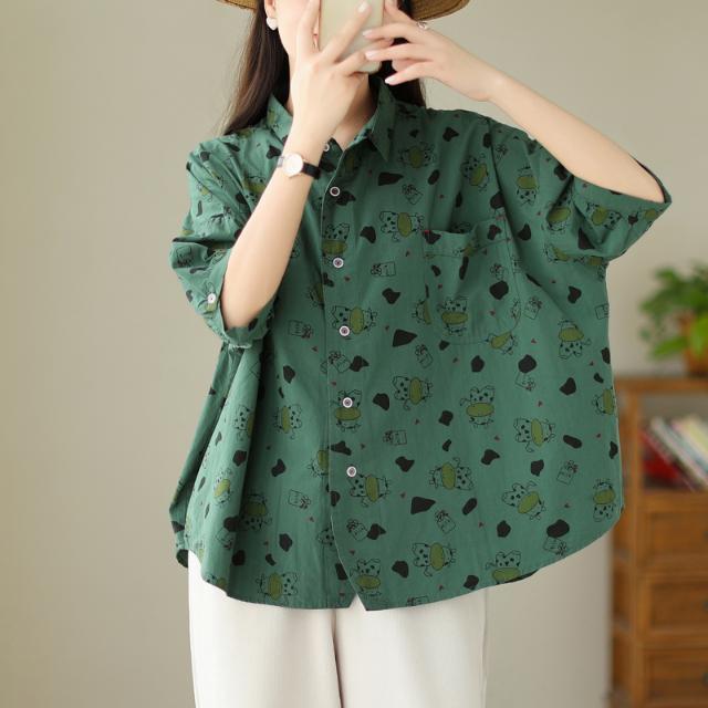 Women Plus Size Cartoon Printed Short Sleeve Shirts Summer Loose Oversized Korean Style Tops
