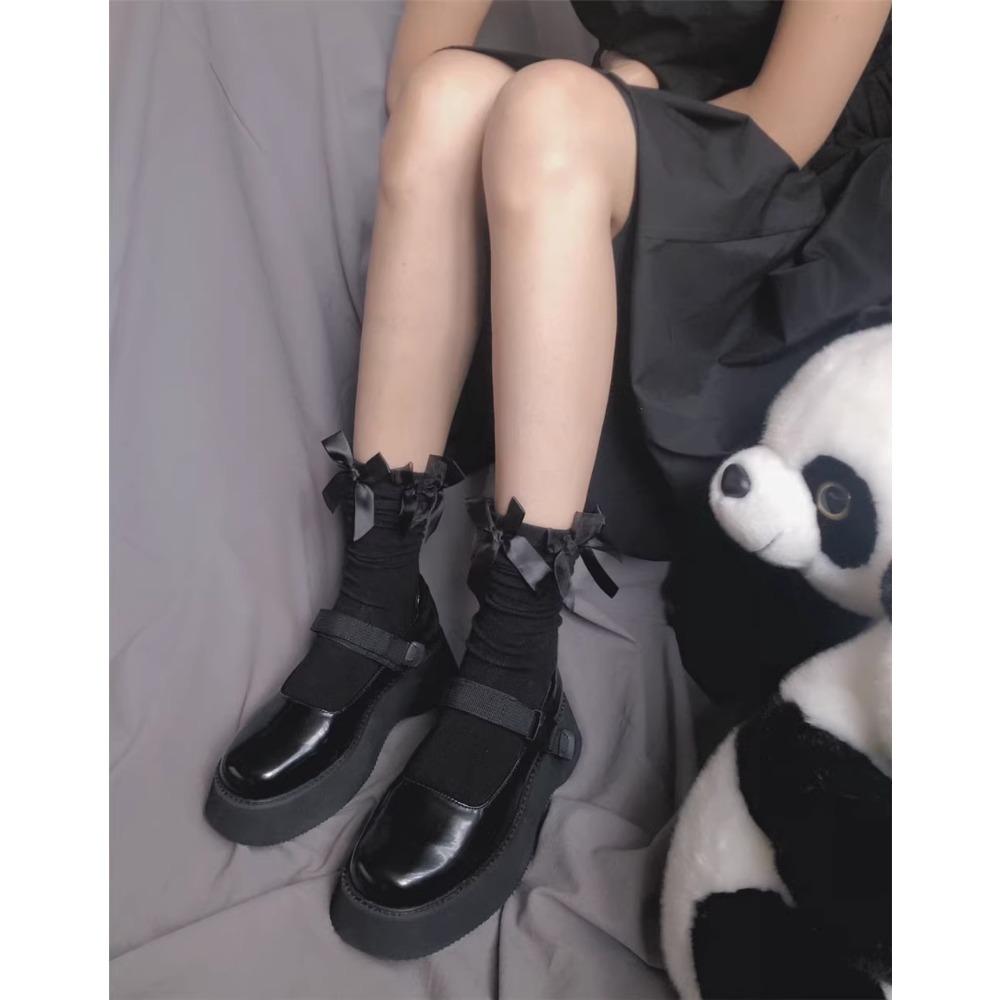Japanese Lolita Retro White Satin Bow Trendy Cool Dark Jk Two Wear Stacked Calf Socks