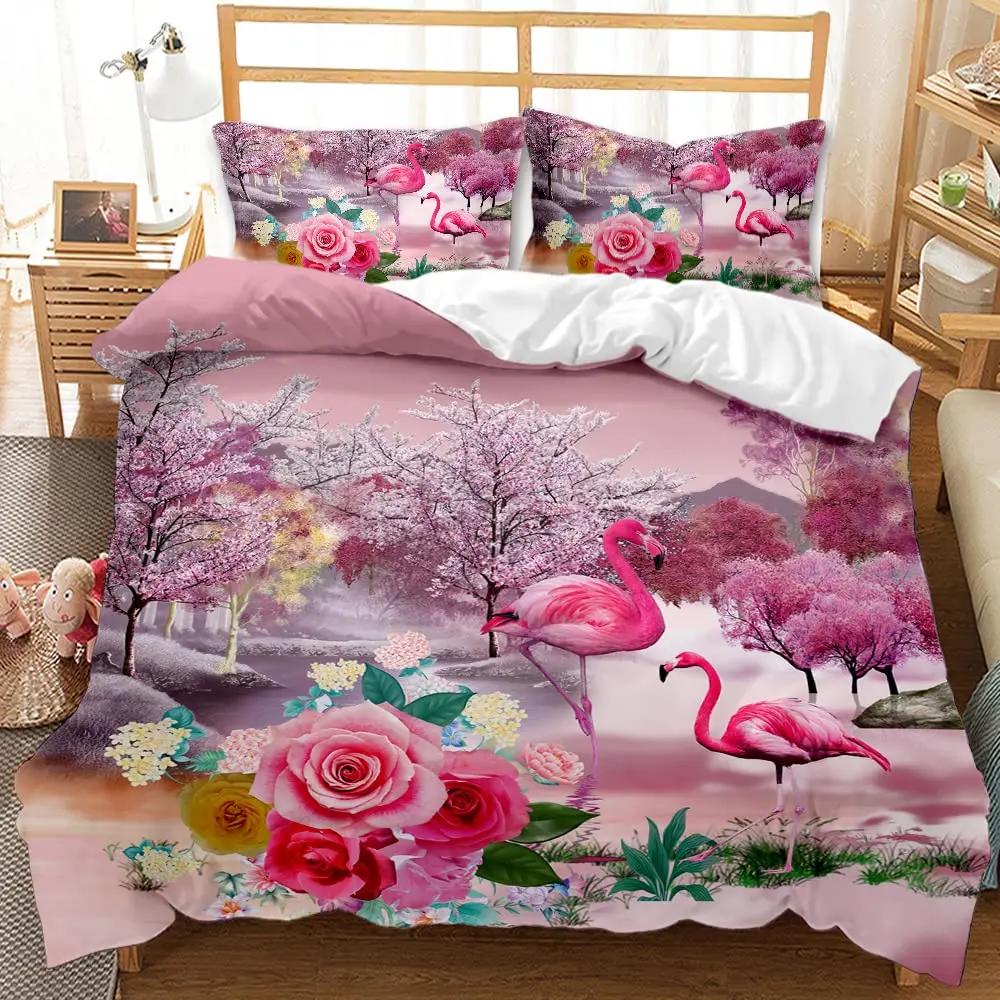 Girls Boys Tropical Botanical Leaves Flamingo Bedding Set Palm Leaf Comforter Cover King Size Toucan Flamingos Duvet Cover Kids