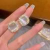 Korean Luxury Shining Rhinestones Opal Cat Eye Stone Square Stud Earrings for Women Party Wear Temperament Statement Jewelry