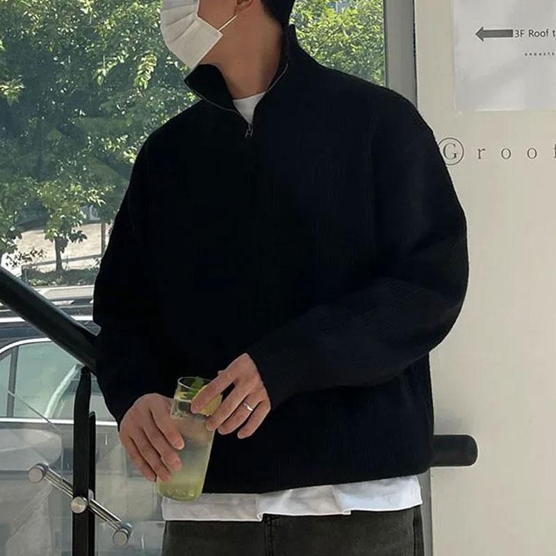 Korean Stand Collar Knitted Pullovers Autumn Winter Fashionable Zipper Men's Solid Color Casual Basic Loose Sweaters