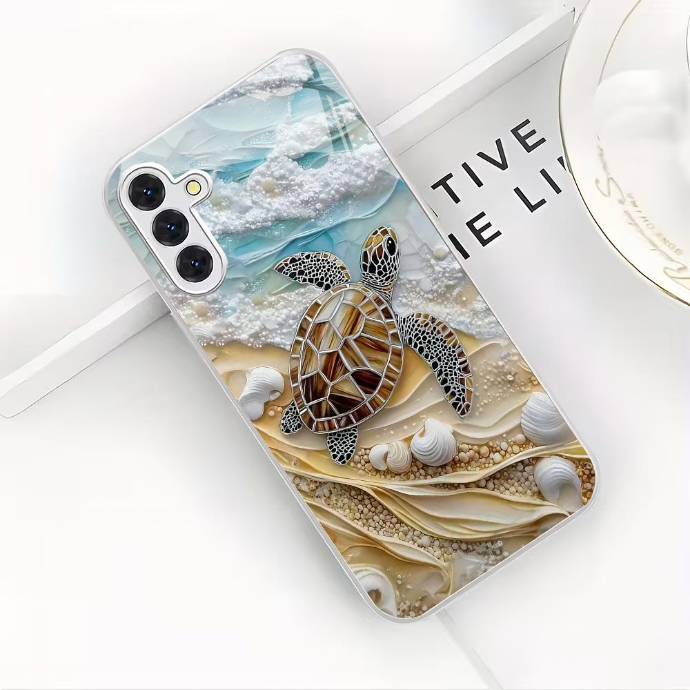 Fashion Turtle Metal Paint Glass Phone Case Suitable for Samsung Galaxy S26 S25 S24 S23 S22 S21 S20 FE/Ultra/Plus Anti Drop