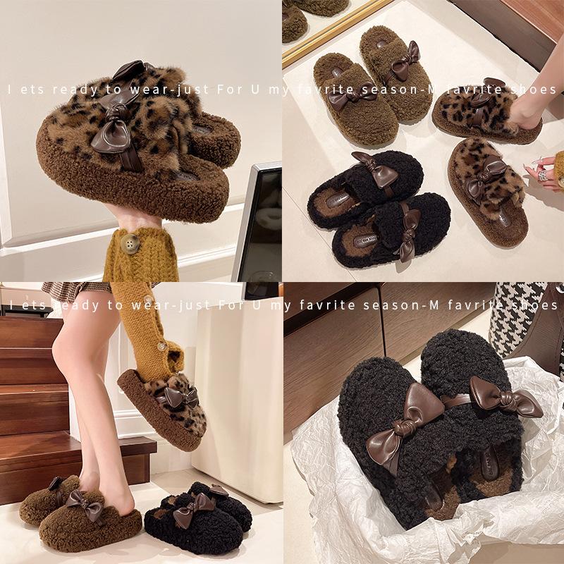 Korean Version Thick-bottomed Bag Head Bow Fluffy Slippers Women's Outer Wear 2025 New Autumn and Winter Velvet Warm Cotton Slippers
