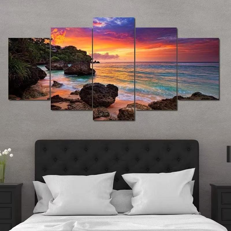 5 Stück Cleopatra Ozean Leinwandbild Wandkunst Oranger Himmel Ozeanstrand Multi Türkei Sandstrand Sonnenaufgang Wanddekoration Ohne Rahmen