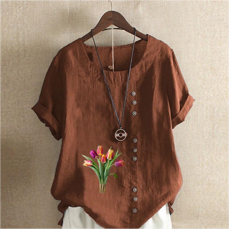 Women's Fashion Tulips Prined Short Sleeve T-shirt Loose Cotton Shirt Casual Loose Summer Blouse Tops Plus Size