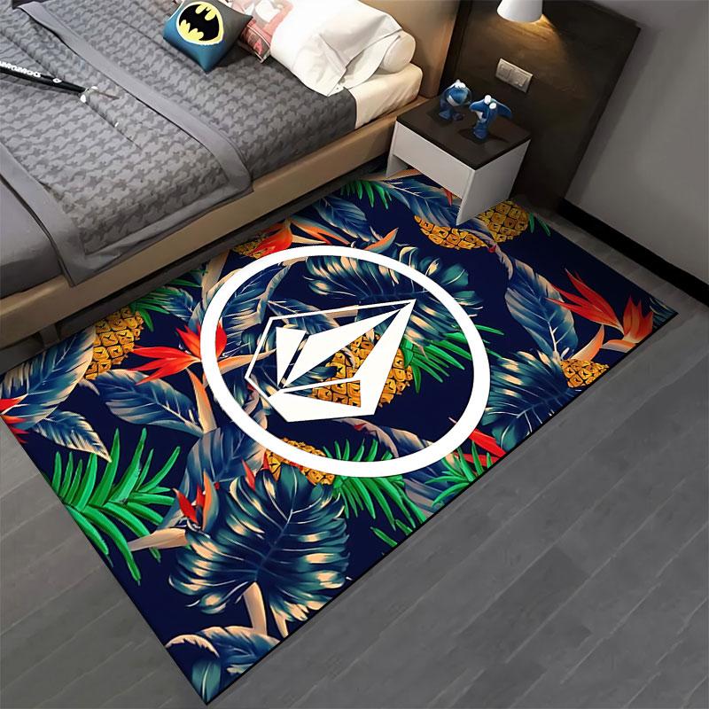 Volcom Stone Circle Over Tropical Pineapple Palm Leaves Area Rug, Navy Tropical Leaves Design, Skate Cozy Home Floor Decor, All Seasons Gift