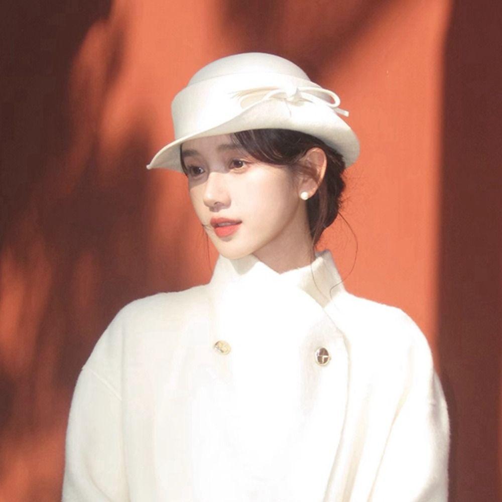 Round Rolled Edge Fedoras Hat Solid Color Round Top Hat Creative Gift Wool Bucket Hat