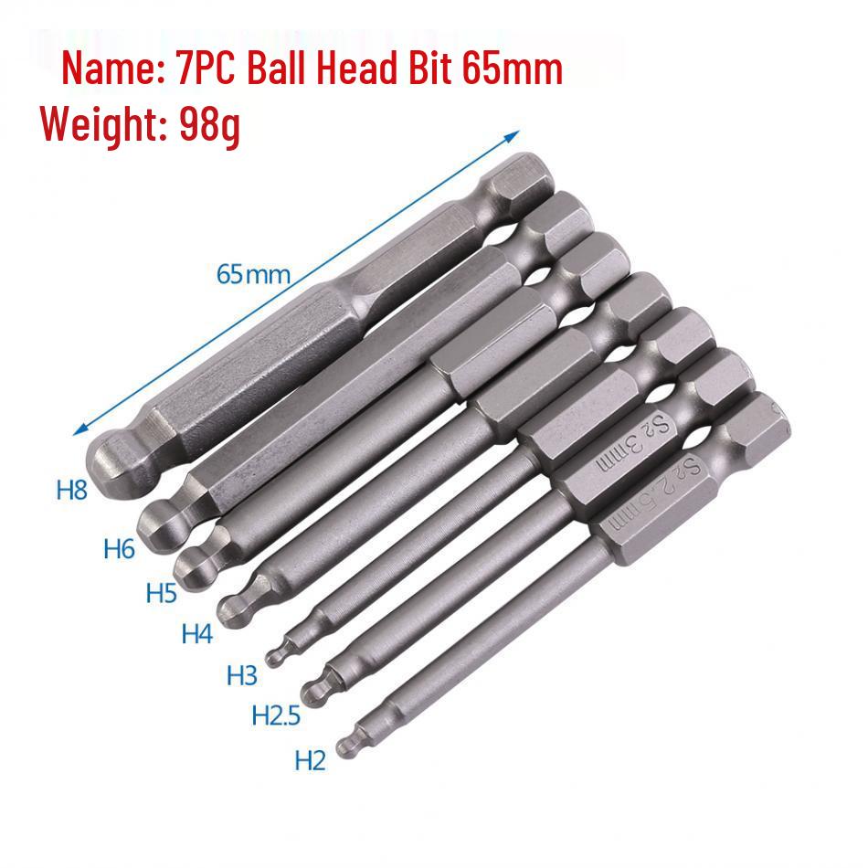 7-Piece 65mm Magnetic Ball Head Hex Bit Set for Electric Screwdrivers