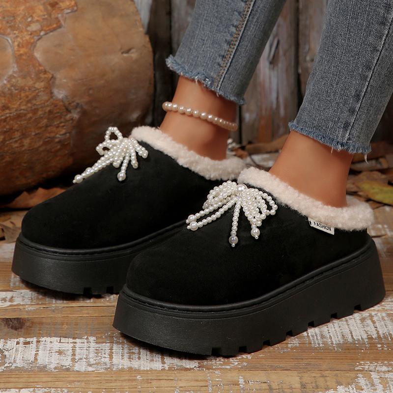 Fashion Fashion Pearls Decor Thick Sole Plush Slippers Women Outdoor Warm Winter Cotton Shoes Woman Plus Size 36-43 Non Slip Snow Boots