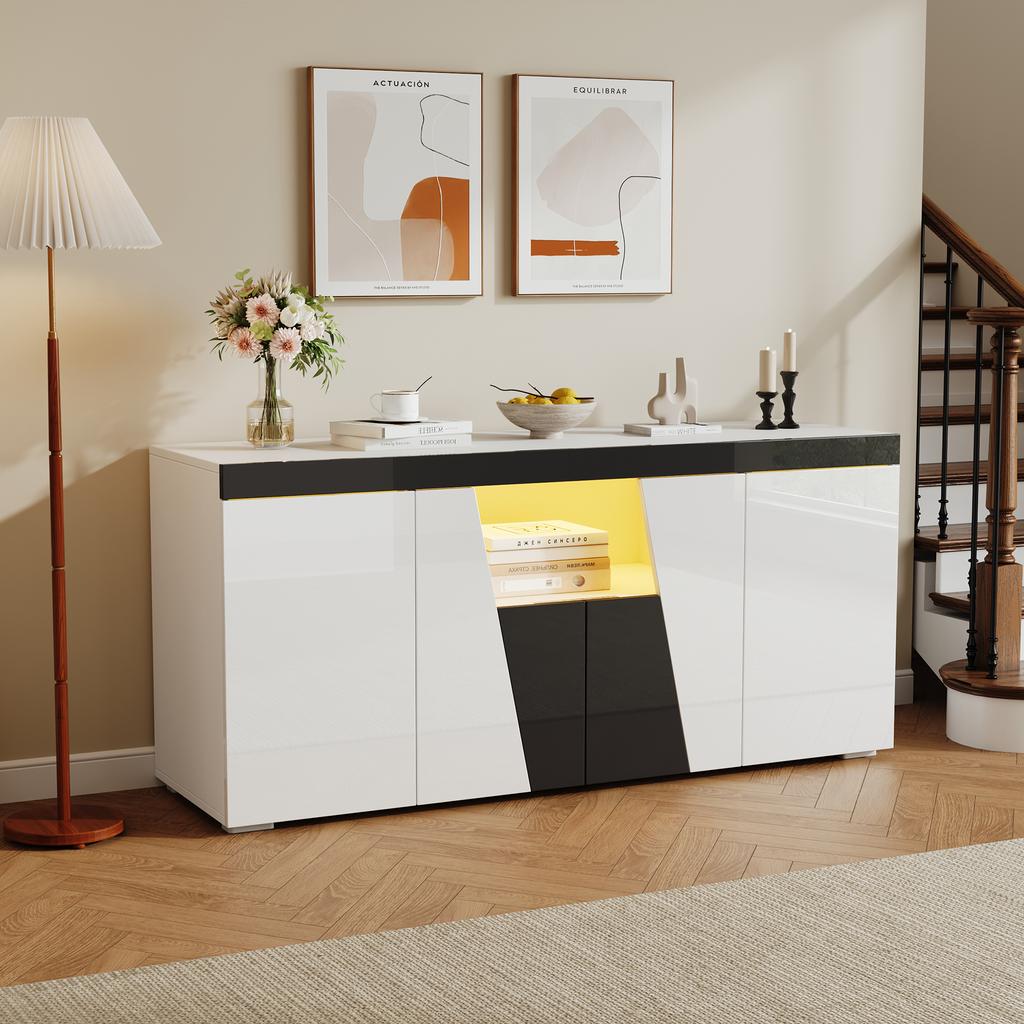 140 x 40 x 65 cm, Living Room Sideboard with 3 Cabinets and 4 Doors, Angled Design + Black-White Color Blocking, Modern Dresser with LED Light Strip