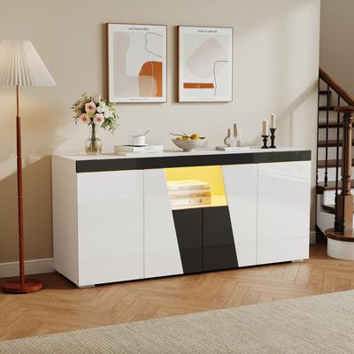 140 X 40 X 65 Cm, Living Room Sideboard with 3 Cabinets and 4 Doors, Angled Design + Black-White Color Blocking, Modern Dresser with LED Light Strip