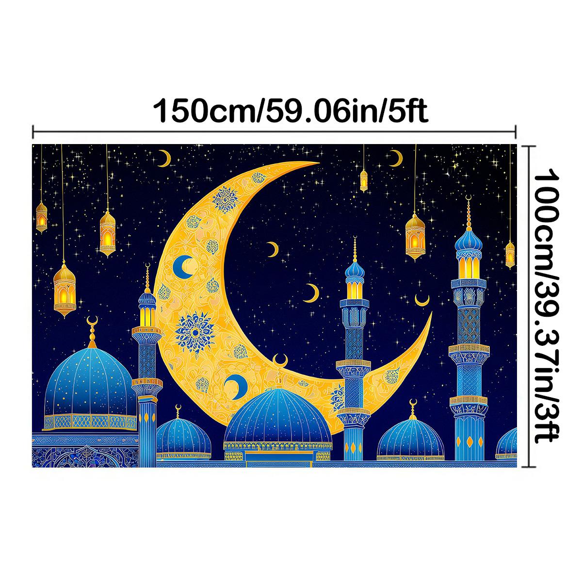 

Фон для баннера Ид аль-Адха, праздничный декор в синих и золотых тонах с мечетью, фонариками, луной, празднованием вечеринок, для студийной фотографии, праздничные атрибуты 150*100cm/59*39in