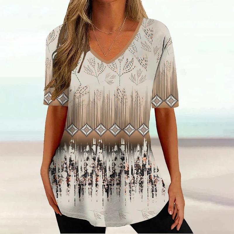 Summer V-neck 3D Retro Printed Top Fashionable Casual Short Sleeved Women's T-shirts