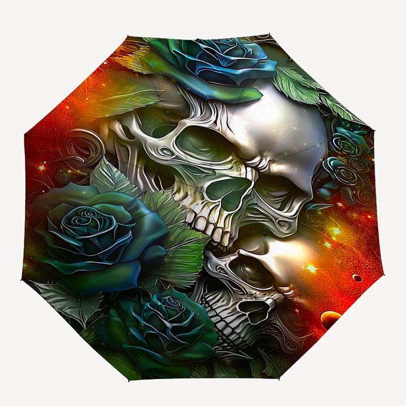 Skull Roses- Automatic Umbrella, Four Seasons Portable Folding Umbrella, Suitable for Men and Women, Travel, Daily Compact Umbrella, Outdoor