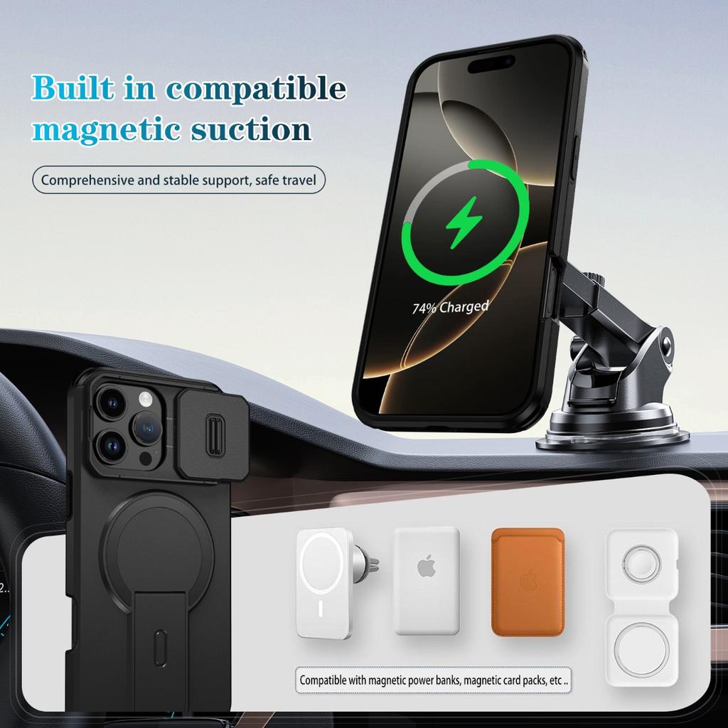 For Magsafe Magnetic Phone Case for IPhone Air 17 16 15 Plus 14 13 12 11 Pro Max 17E 16E Armor Stand Slide Lens Protector Cover