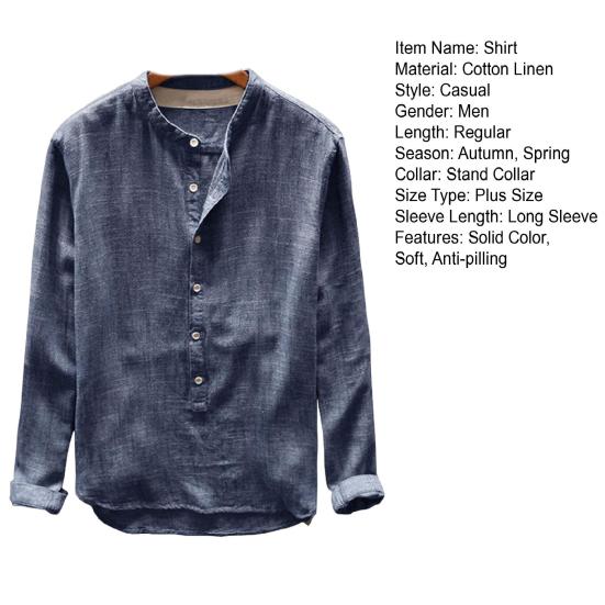 Men Shirt Stand Collar Solid Color Soft Single-breasted Buttons Breathable Long Sleeves Plus Size Casual Wear-resistant Men Tops for Daily Wear