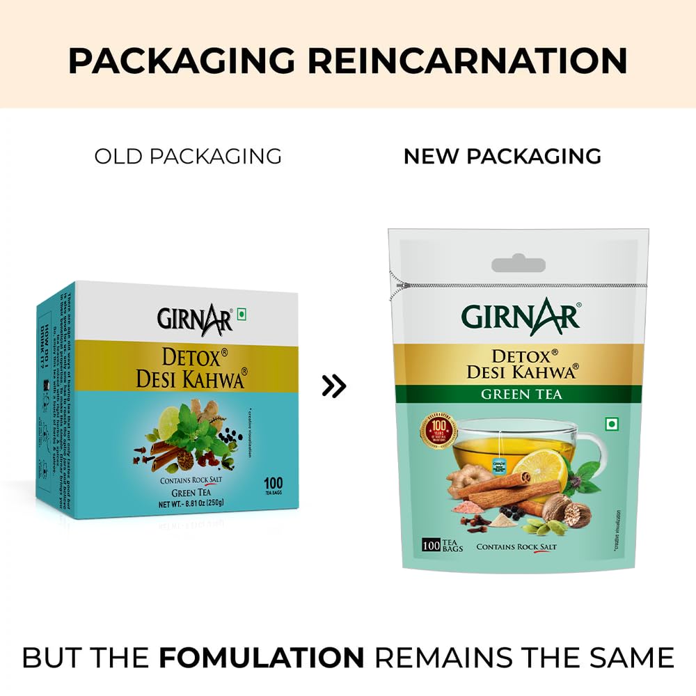 Girnar Entgiftender Grüner Tee Desi Kahwa 100 Teebeutel mit Kräutergewürzen zur Entspannung & Täglichen Erfrischung