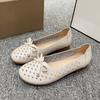 Fashion 2025new Spring PU Leather Solid Color Hollow Breathable Mother's Shoes Comfortable Round Head Fashion Bow Decoration Women Shoes