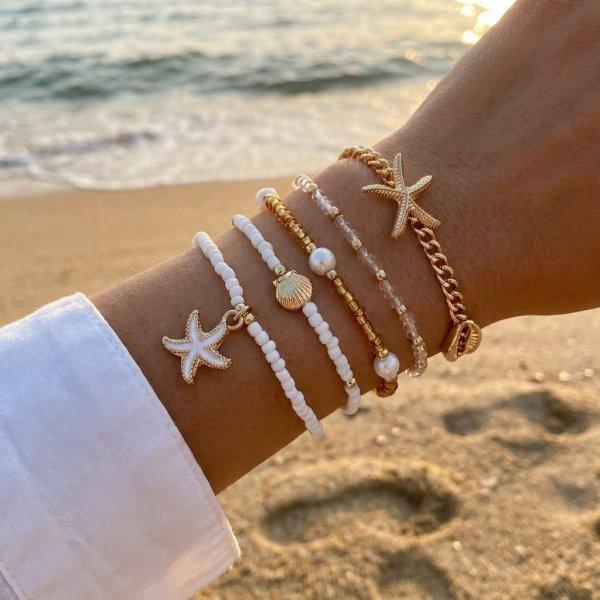 Women's Bohemian Starfish Shell Heishi Beads Bracelet Dainty Crushed Stone Braided Rope Chain Stackable Party Jewelry Gift