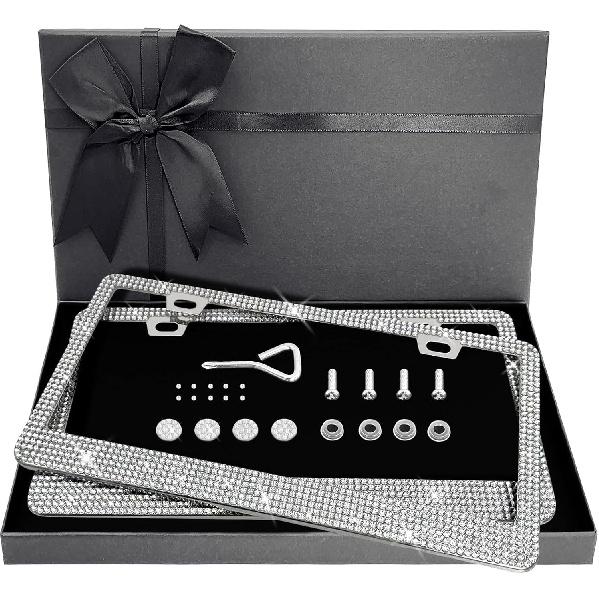 Bling Rhinestone License Plate Frame for Women 2PC, Sparkly Stainless Steel Frames & Over 1200 pcs Finest 14 Facets Black Glass Crystals Premium