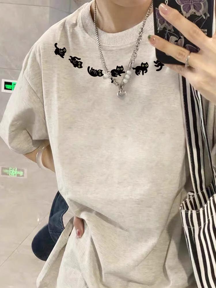 

Футболка свободного кроя с рисунком для женщин, лето 2025 г. - чистый хлопок, американский дизайн, стиль Niche, большой размер XL (116-130 jin) серый/белый