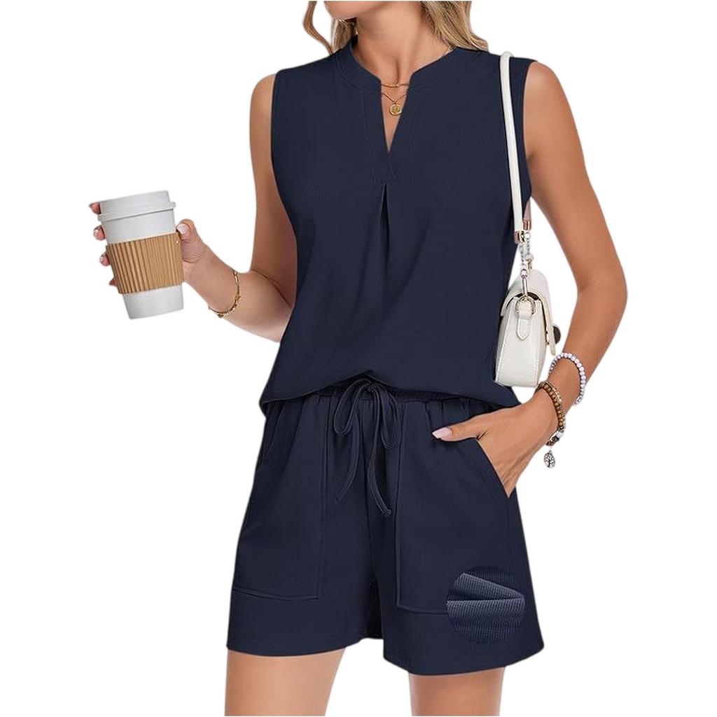 Stylish Women's Two-Piece Summer Casual V-Neck Pleated Sleeveless Shorts Set