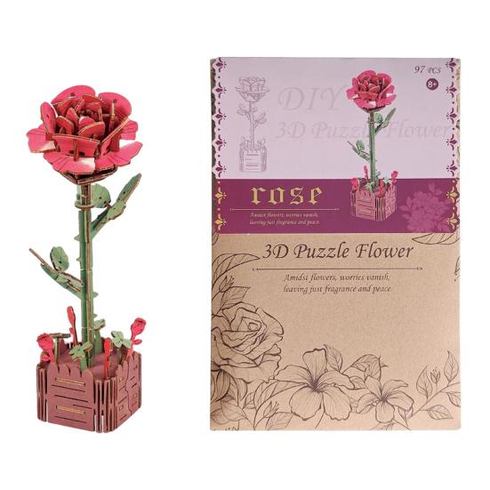 3D Wooden Flower Puzzle Kit for Adults DIY Botanical Bouquet Building Set Wood Sunflower/Rose Floral Craft Kit for Stress Relief Housewarming Gifts