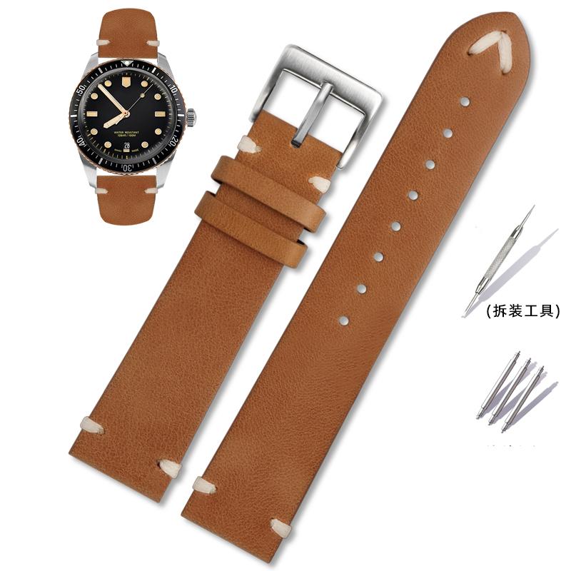 For Oris 65 Genuine Leather Strap Diving Belt Series Copper Ring Bronze Large Crown Tudor Vintage Watch Chain 18mm 20mm 22mm