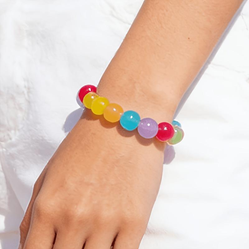 1pc Bohemian Style  Colorful Dopamine Acrylic Small Round Bead Bracelet with Elastic String, Suitable for Women, Ideal Gift for Beach Vacations,