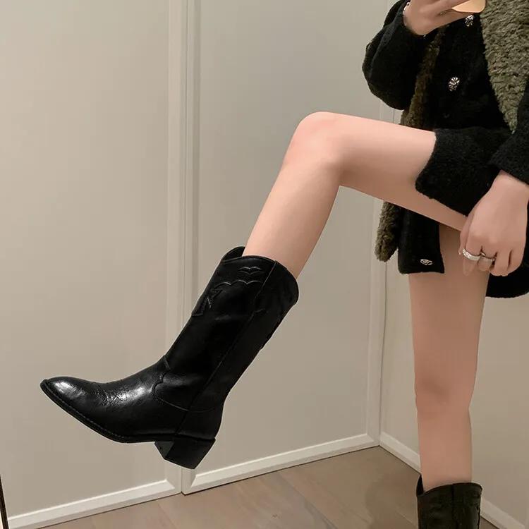 Fashion 2024 Autumn/winter Women Boot Round Toe Chunky Heels Mid-calf Boots Shoes for Women Split Leather Western Boots Knight Boots