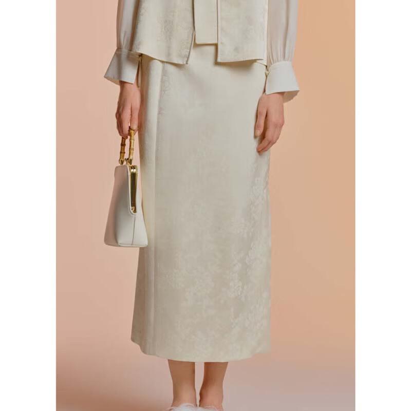 JESSIE New Chinese Style Acetate Jacquard Slit Midi Skirt S