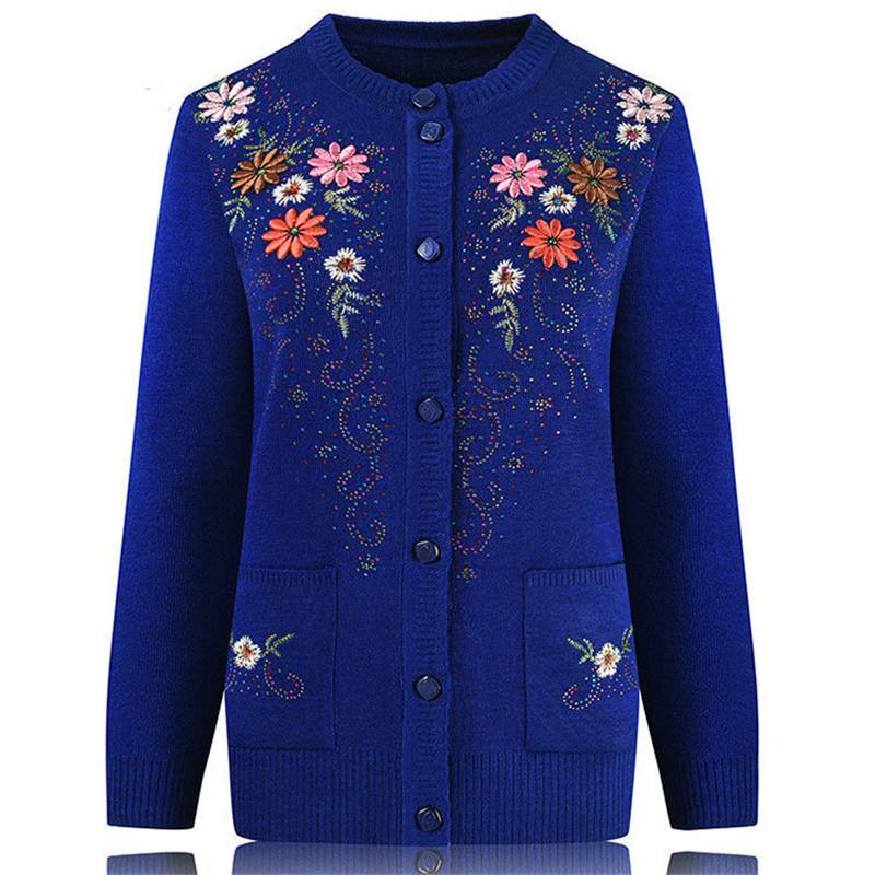 Women's Single-breasted Slim Sweater Coat Middle-aged and Elderly Embroidery Knit Cardigan Jacket