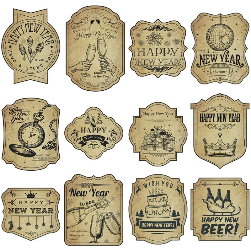 Pack of 12 Vintage Happy New Year Wine Bottle Labels Self Adhesive Sticker Set for Christmas Parties Event Decoration