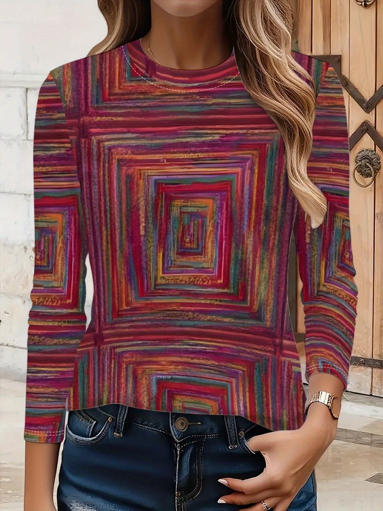 Fashion Women's Long Sleeve T-Shirts Geometric Splice 3D Printed Round Neck Fall Spring Tops Tees Oversized Women's Clothing