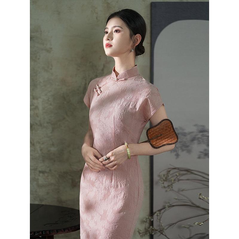 "Peach" retro literary pink cheongsam 1011 spring and summer new new Chinese style improved national style jacquard cotton