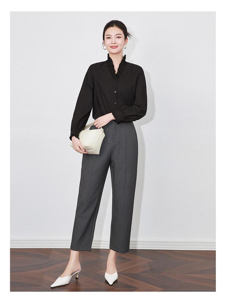 High-End Exquisite V-Neck Ruffle Edge Lace Sleeve Women's Autumn/Winter Top