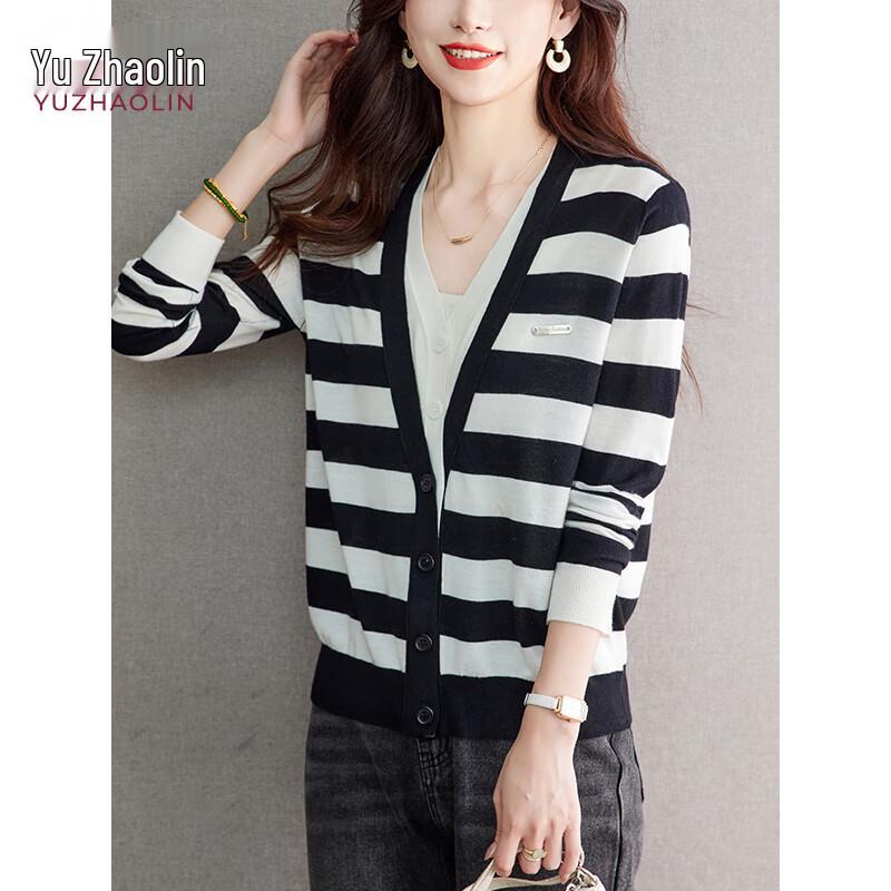 Dámský pruhovaný pletený kardiganový svetr ve stylu falešného dvoudílného kompletu