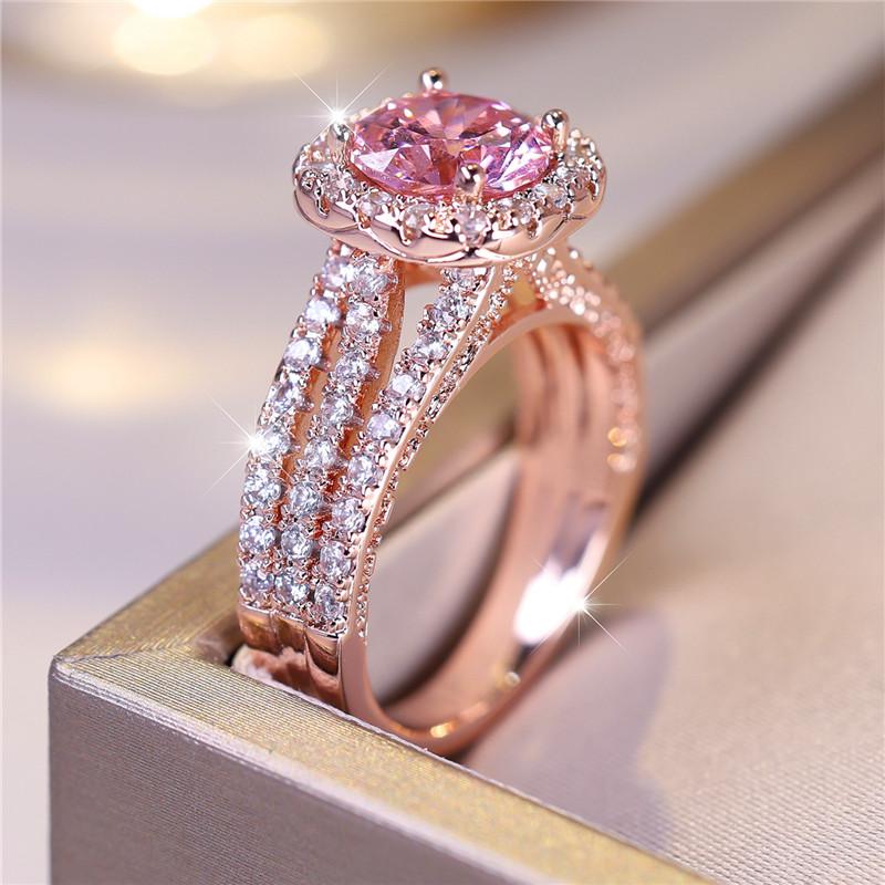 Luxury Female Small Pink Round Zircon Stone Engagement Ring Trendy Rose Gold Color Bride Wedding  Gift For Women