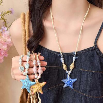 Contrast Color Blue Starfish Collarbone Chain Beads Exquisite Neck Pendant  Seaside Versatile