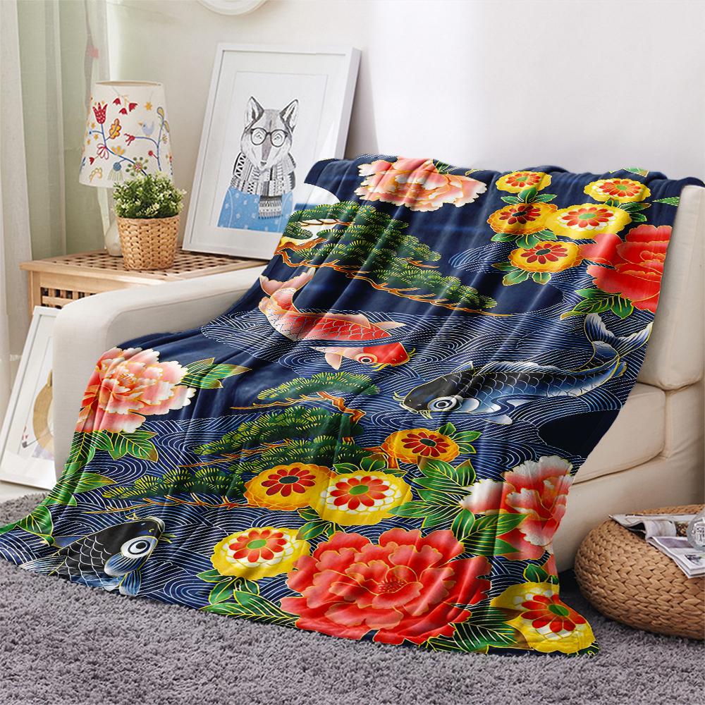1Pc Goldfish Peacocks Print Flannel Blanket, High quality Comfortable for All Seasons, Home Decor, Warmth and Comfort, Perfect for Christmas Gifts