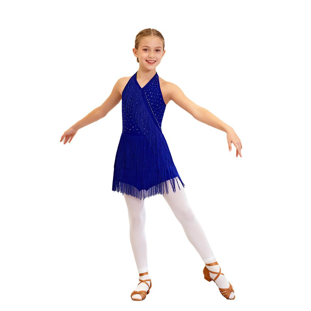 Kids Girls Latin Leotard Dress Dance Costume Rhinestones Fringe Bodysuit Skirted Dress Halter V-neck Sleeveless Tassel Jumpsuit