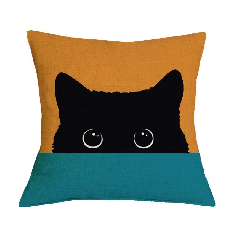 Creative Black Cat Pattern Cotton Linen Cushion Cover Animal Printed Pillow Case For Home Sofa Car Decor Pillowcase 45X45Cm