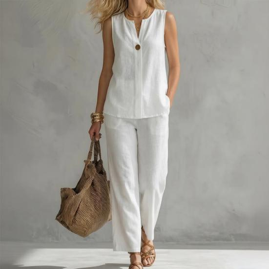 Completi da Donna in Cotone e Lino a 2 Pezzi, Top a Canotta Senza Maniche con Scollo a V e Pantaloni a Gamba Larga, Outfit Casual da Casa con Tasche