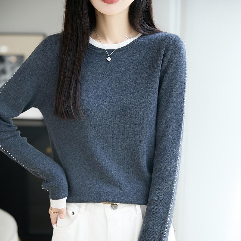 Autumn and winter worsted wool sweater crew neck knitted sweater long sleeve women's color matching loose pullover bottoming shirt top