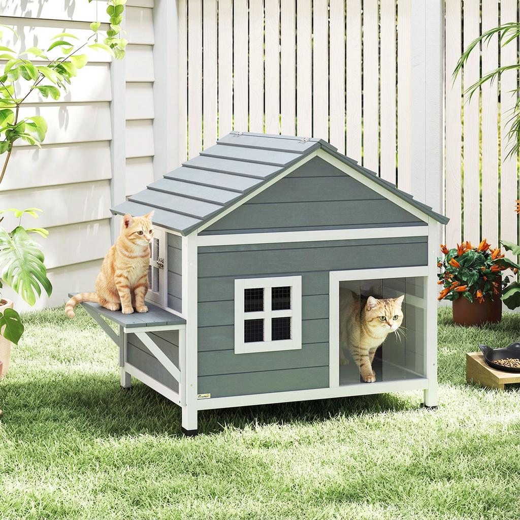 Wooden Cat House, 2-Story Cat Den with Waterproof Flip-Up Roof, Side Platform, 101x72.5x81cm, Grey