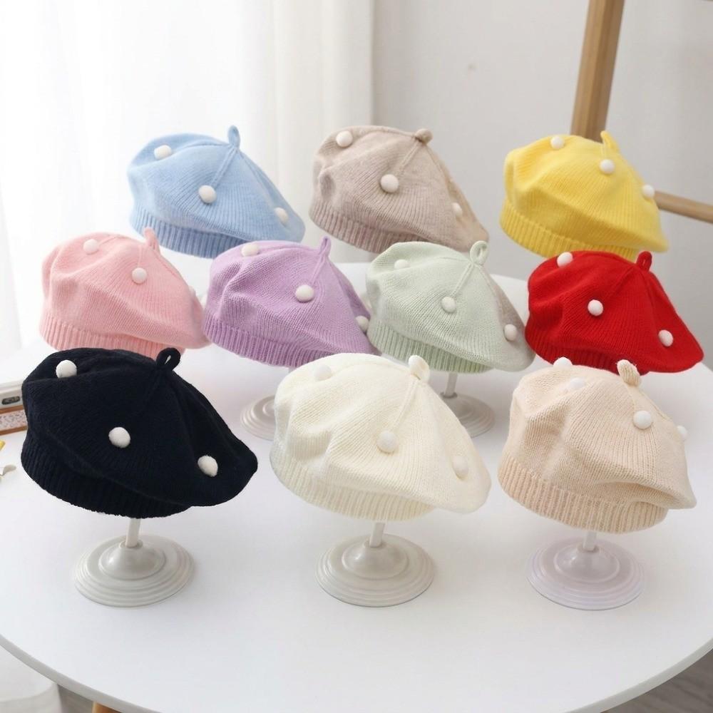 Soft Kids Knitted Beret Hat Solid Color Painter Cap Cute Pom Pom Beanie Infant