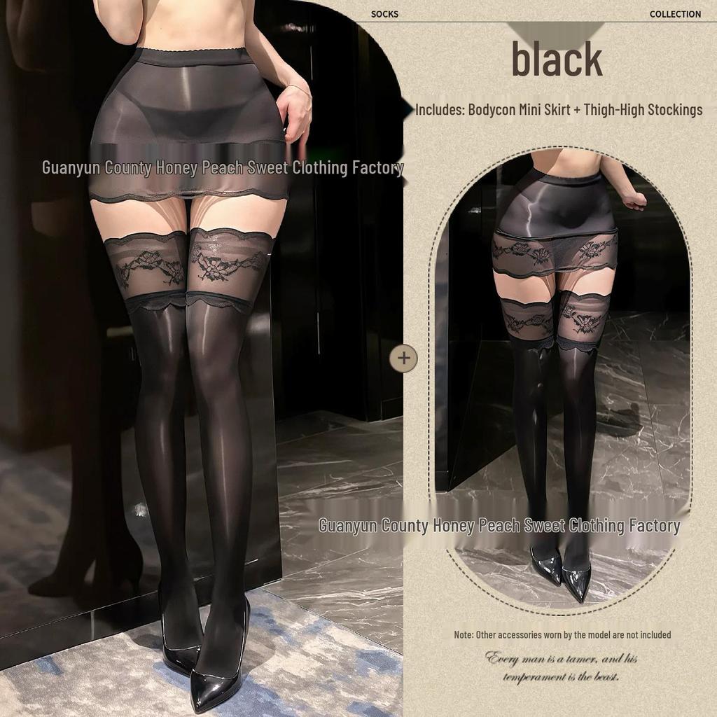 Seductive Sheer Hip-Hugging Miniskirt with Lace Trim and Over-the-Knee Black Stockings